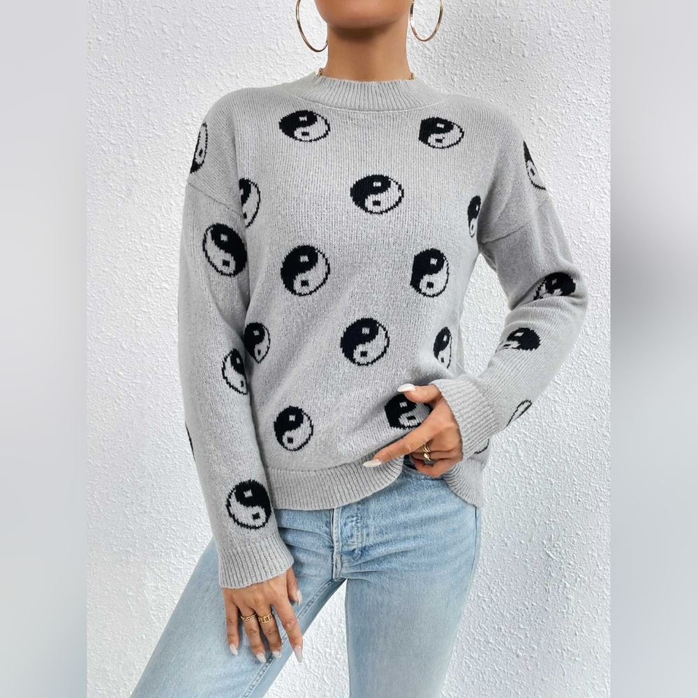 Yin Yang Unique Retro Print Contrasting Knit Pullover Sweater Shirt Classic Top
